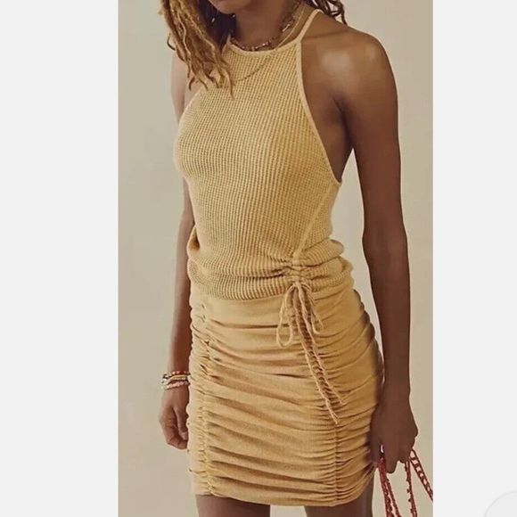 Free People FP One Katya Thermal Mini Bodycon Dress Gold Tan Small - Picture 1 of 4